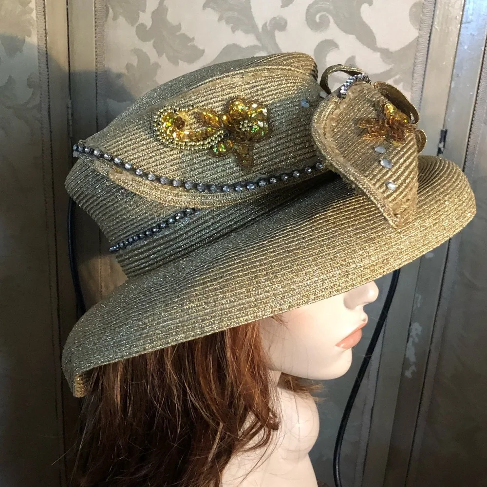 Vintage Wide Brim Embellished Gold Metallic Hat - Picture 3 of 11